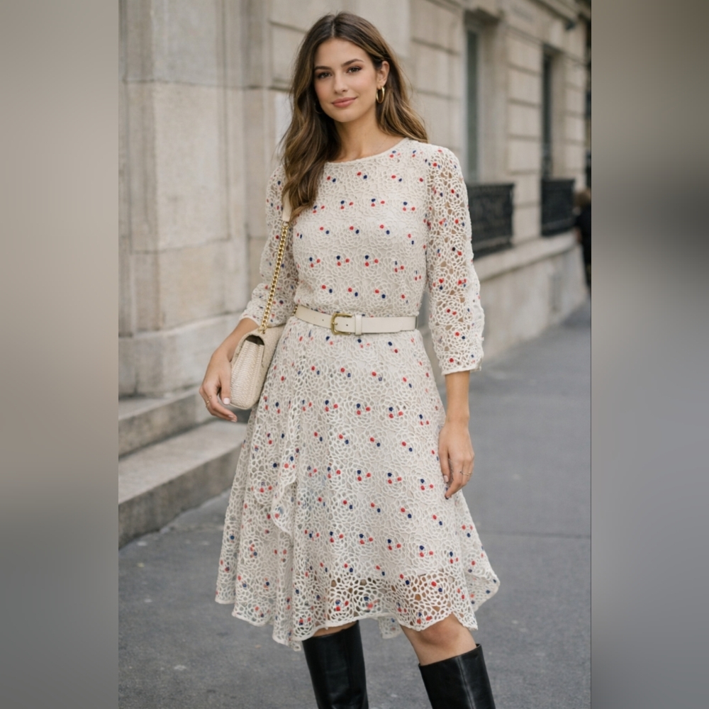White Crochet A-Line Dress with Pink & Blue Accents